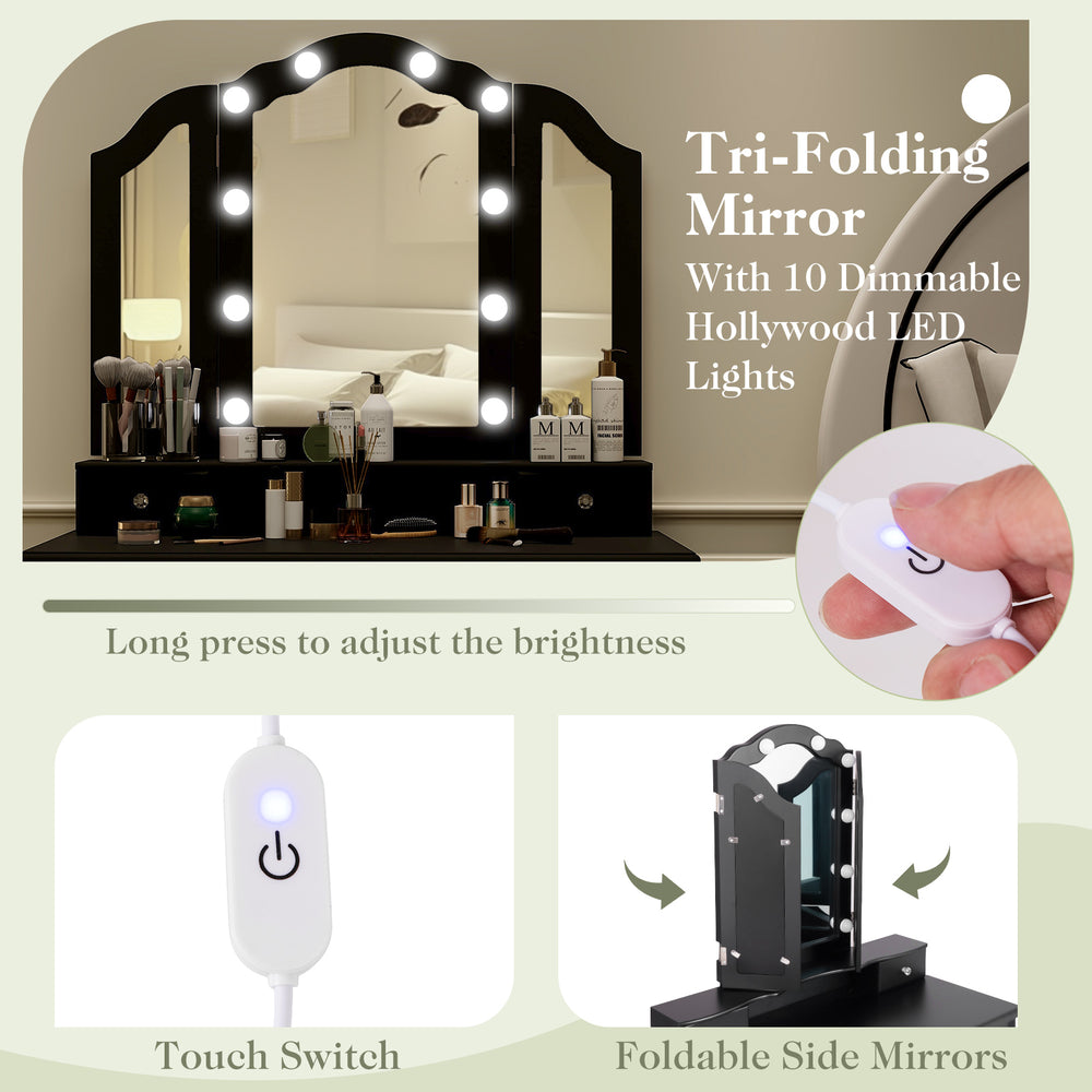 Tri-folding mirror with 10 dimmable LED lights, part of a black makeup vanity table set for enhanced beauty routines.