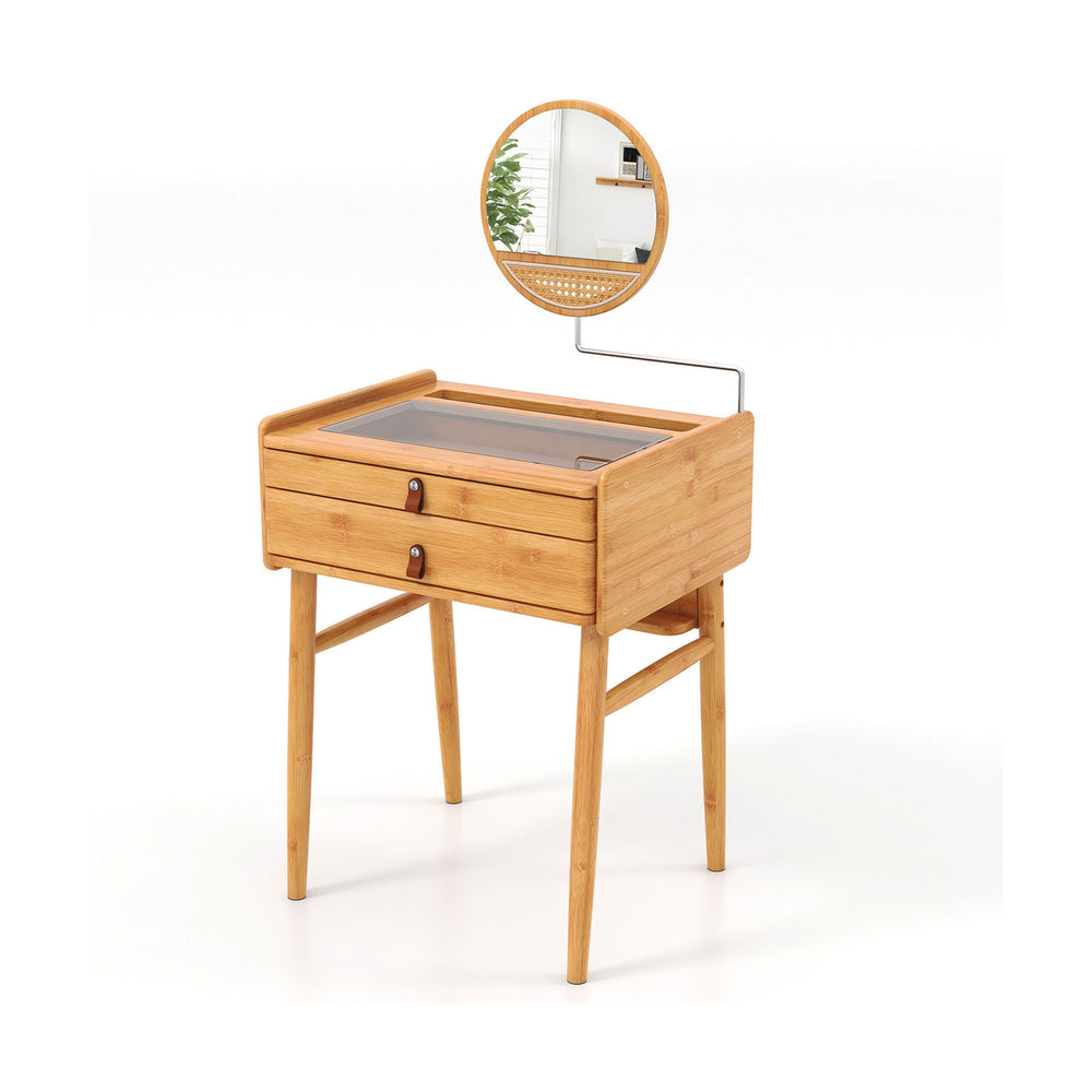 Bamboo makeup vanity table with movable mirror and two storage drawers, perfect for small spaces and stylish.