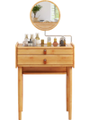Bamboo makeup vanity table with mirror, featuring 2 storage drawers and tempered glass top for easy access to cosmetics.