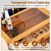 Bamboo makeup vanity table with tempered glass top, showcasing cosmetics and jewelry for easy visibility and access.