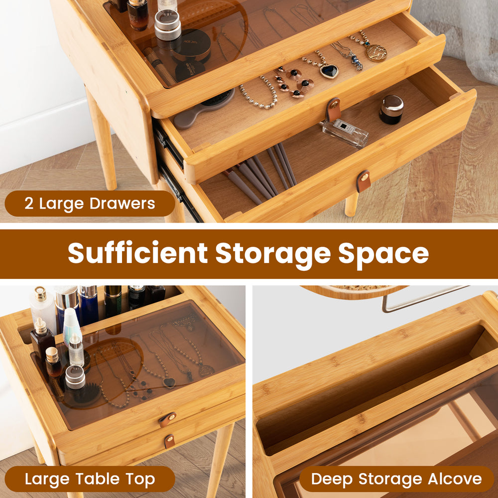 Bamboo makeup vanity table with mirror, featuring a large table top and two spacious storage drawers for cosmetics.