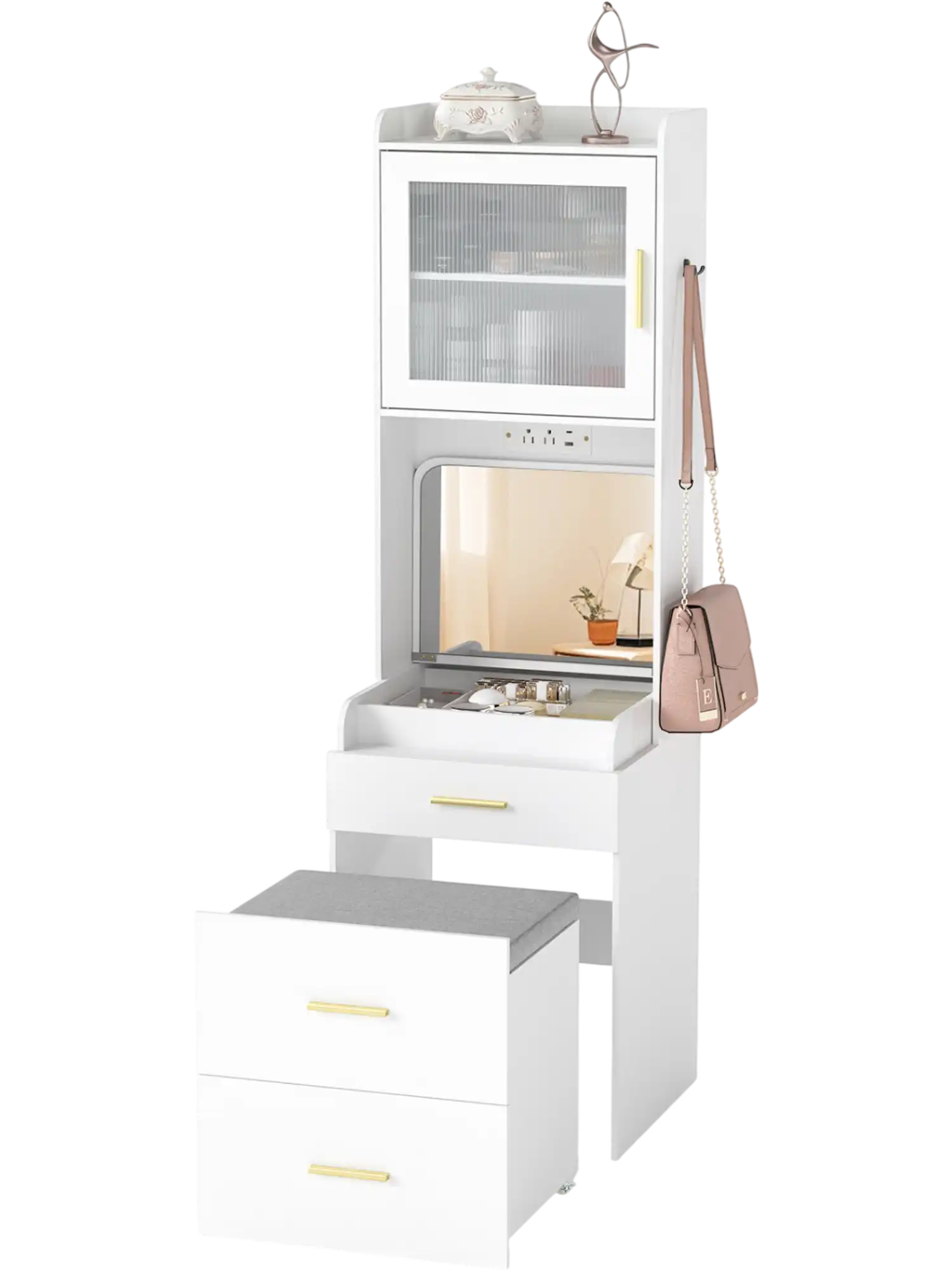 Costway Makeup Vanity Flip-Top Mirror Power Outlets Storage Stool 64224360 New