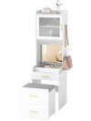 Makeup vanity with flip-top mirror, storage stool, and power outlets in white, featuring elegant design and versatile.