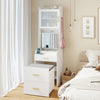 Makeup vanity with flip-top mirror, power outlets, and storage stool in white, perfect for organizing beauty essentials.