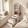 Makeup vanity with flip-top mirror, storage stool, and power outlets, featuring elegant design and versatile.