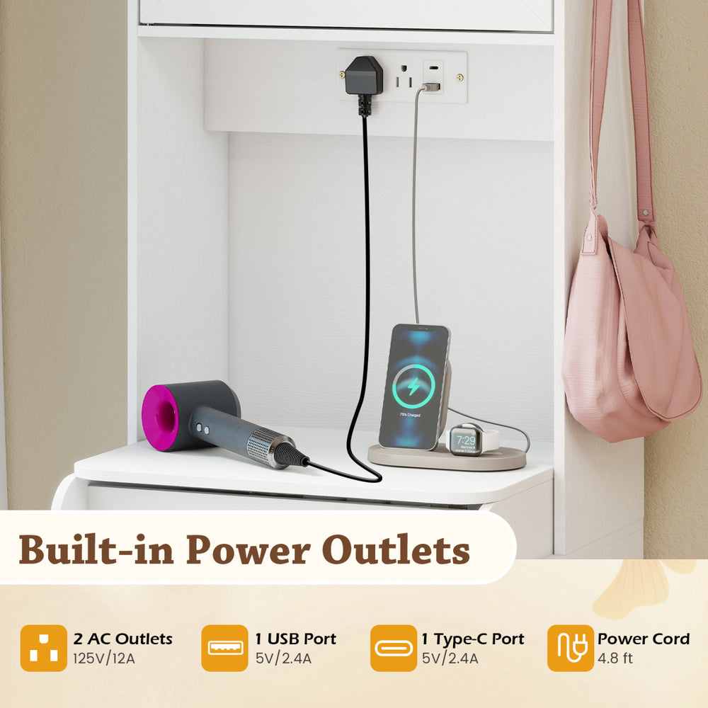 Makeup vanity with integrated power outlets, flip-top mirror, and storage stool for organized beauty essentials.