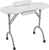 Portable manicure nail table with a spacious desktop, comfy wrist cushion, and lockable rolling wheels for easy.