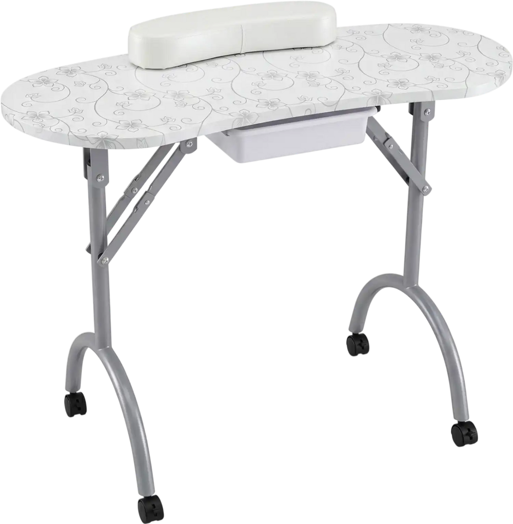 Portable manicure nail table with a spacious desktop, comfy wrist cushion, and lockable rolling wheels for easy.