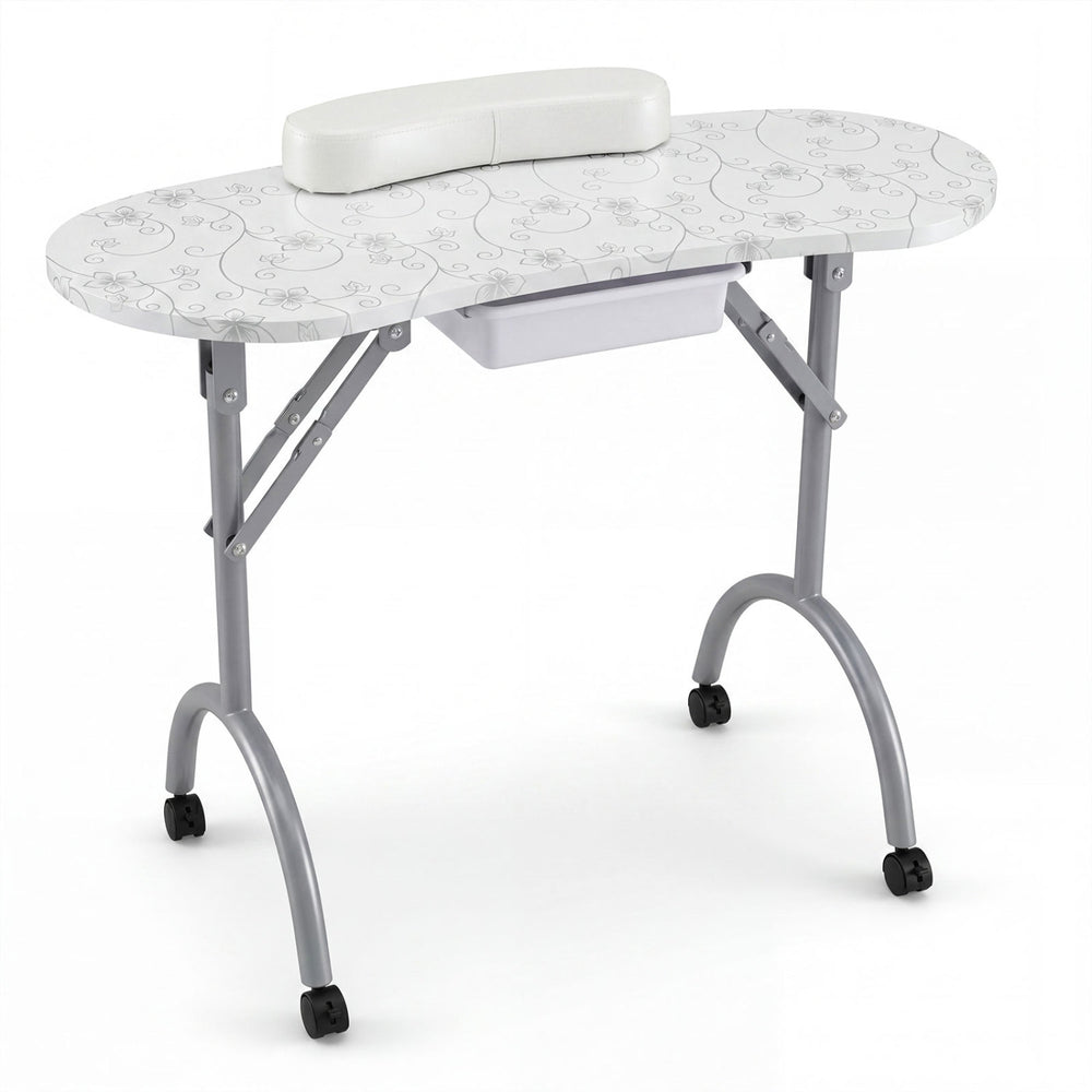 Foldable Portable Manicure Table with Drawer Casters and Cushion-White - Gallery View 1 of 7