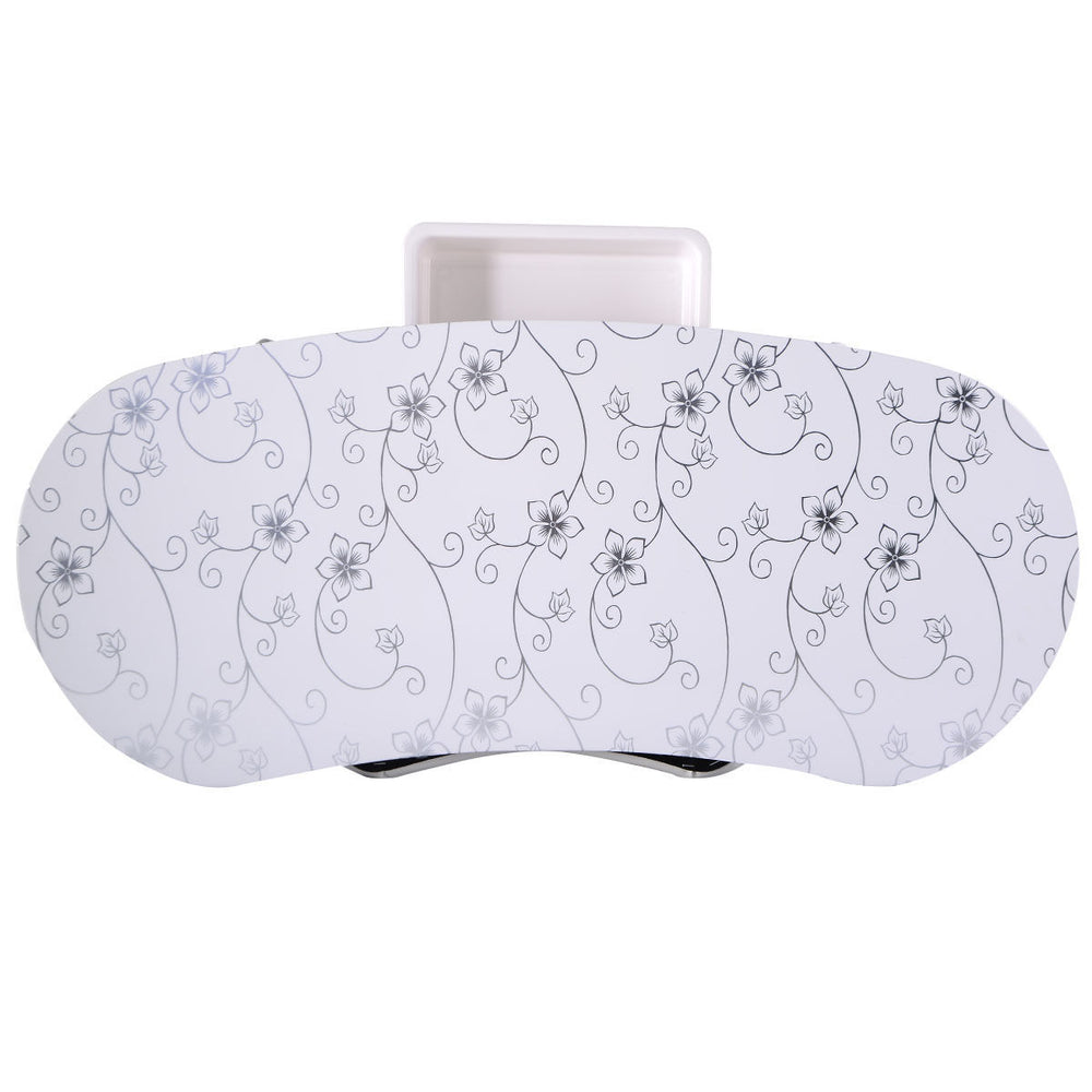 Portable manicure nail table with floral design, foldable, sturdy wheels, and a durable plastic drawer for accessories.