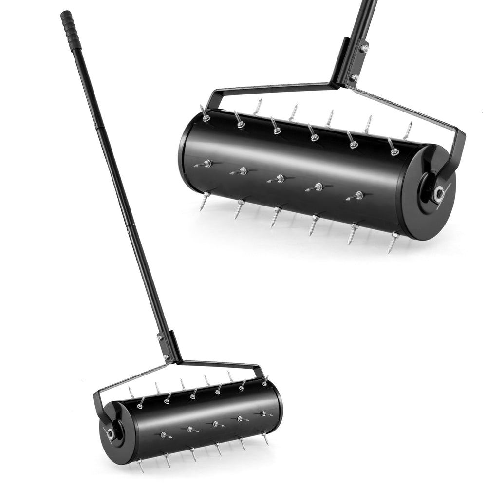 Manual lawn aerator with detachable handle and 27 galvanized steel spikes for effective soil loosening and plant growth.