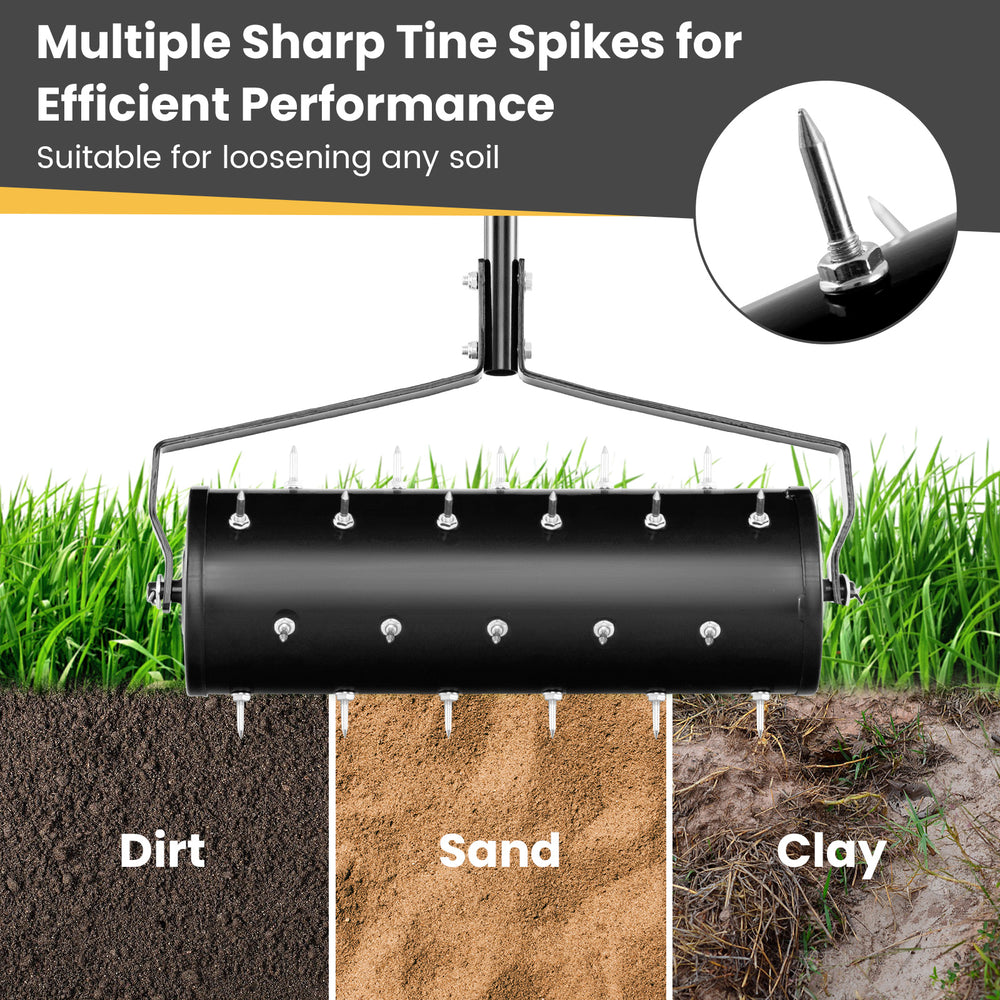 Manual lawn aerator with 27 galvanized steel spikes, designed for loosening sand, dirt, and clay soil efficiently.