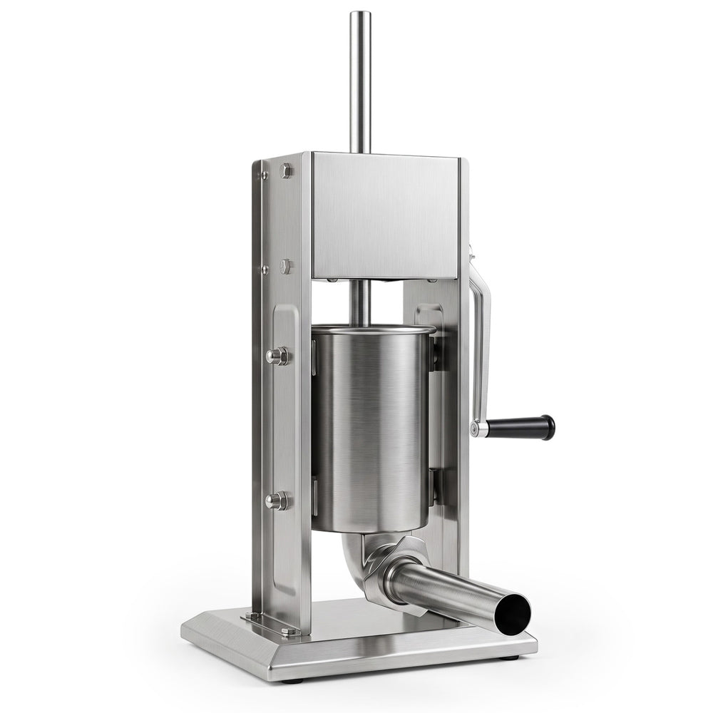 Manual sausage stuffer with stainless steel design, 2 speeds, 4 stuffing tubes, and air exhaust valves for bubble-free sausages.