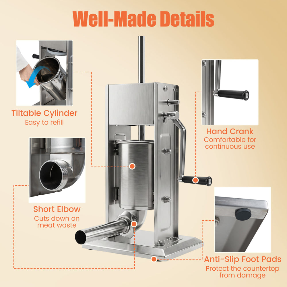 Manual sausage stuffer with a tiltable cylinder, 2 speeds, and 4 stuffing tubes for home and commercial use.