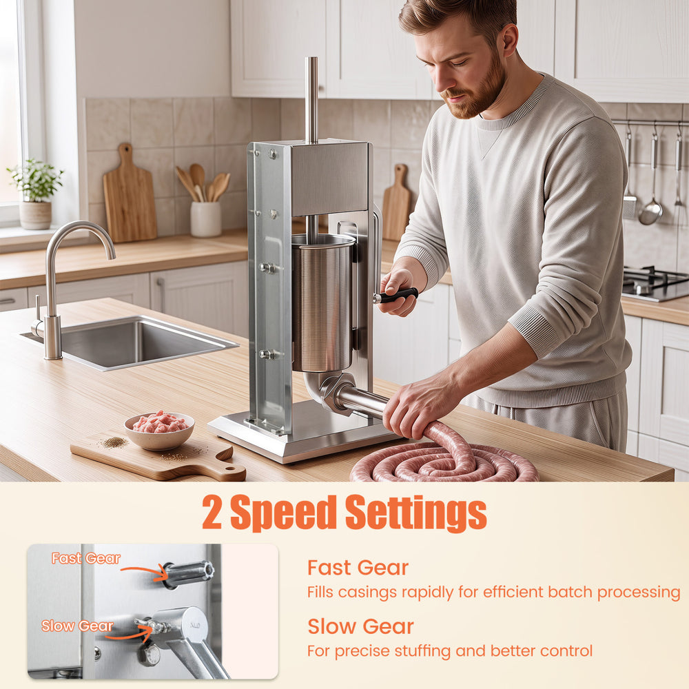 Manual sausage stuffer with 2 speed settings and 4 stuffing tubes, designed for efficient home and commercial use.