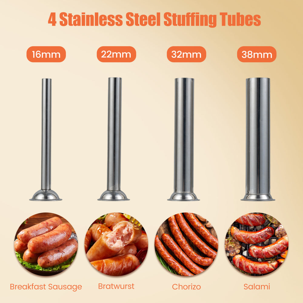 Four stainless steel stuffing tubes in 16mm, 22mm, 32mm, and 38mm sizes for versatile sausage making at home or commercially.