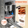 Manual sausage stuffer with 7 lbs capacity, air exhaust valves, and 4 stuffing tubes for bubble-free sausage making.