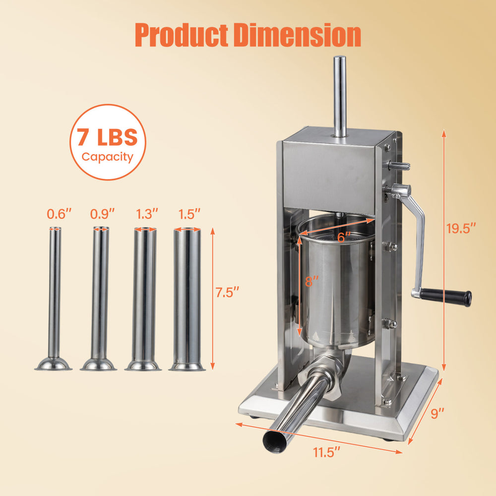 Manual sausage stuffer with 7 lbs capacity, featuring 2 speeds and 4 stuffing tubes for versatile sausage making.