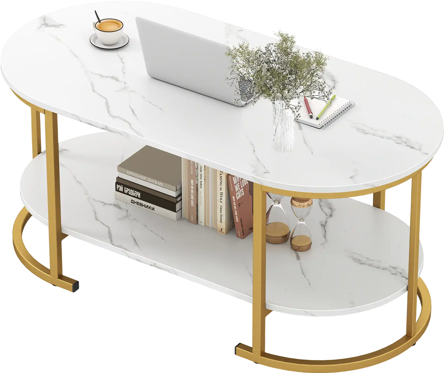 Costway Marble Coffee Table w/ Open Storage Shelf 91563827 New