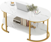 White faux marble coffee table with gold metal frame and open storage shelf, ideal for living room or office use.