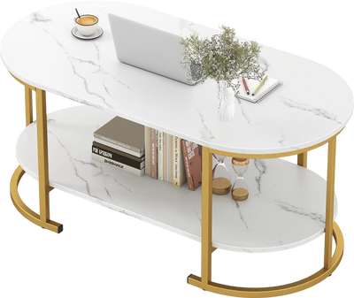 Costway Marble Coffee Table Open Storage Shelf 91563827 New