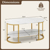 White faux marble coffee table with gold metal frame, featuring a 2-tier shelf for storage and modern design dimensions.