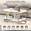 Oval coffee table with white faux marble top and gold metal frame, featuring a 2-tier shelf for stylish storage.