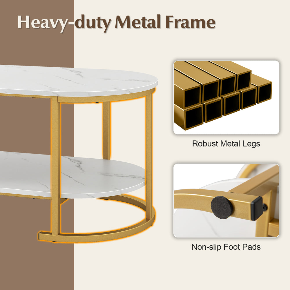 Marble coffee table with open storage shelf, featuring a white faux marble top and sturdy gold metal frame for modern.
