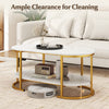 Marble coffee table with open storage shelf, featuring a white faux marble top and gold metal frame, ideal for modern.