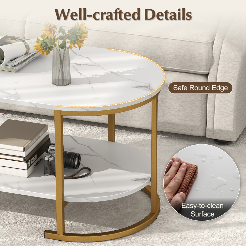 Close-up of the white faux marble surface on the coffee table, highlighting the safe round edge and easy-to-clean.