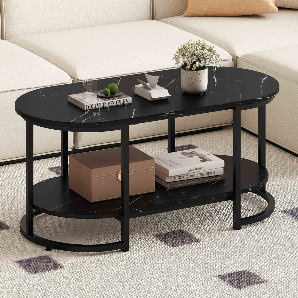 Marble Coffee Table with Open Storage Shelf-Black - Gallery View 1 of 10