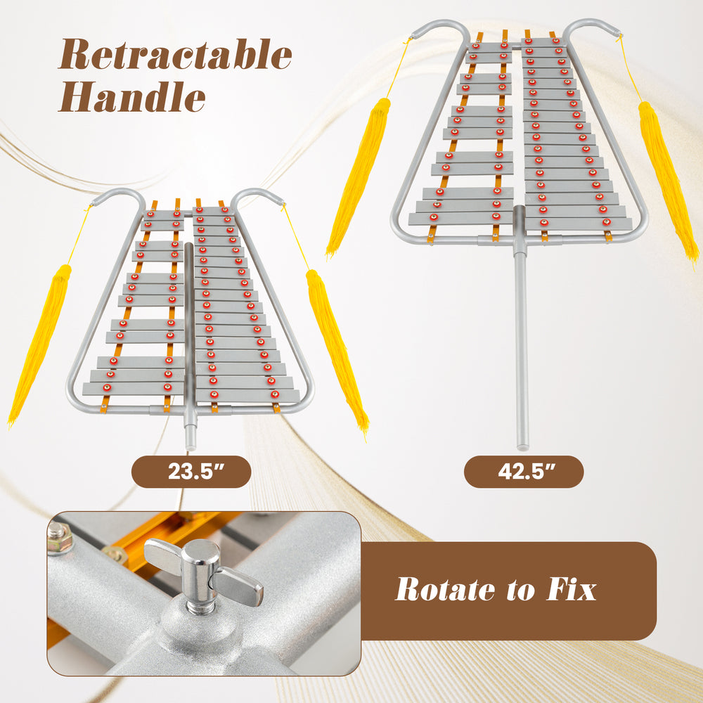 Adjustable Marching Glockenspiel with 29 aluminum keys, featuring a retractable handle for various user heights.