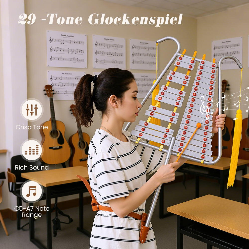 29-tone glockenspiel with aluminum keys, adjustable length, and waist strap, ideal for marching bands and music.