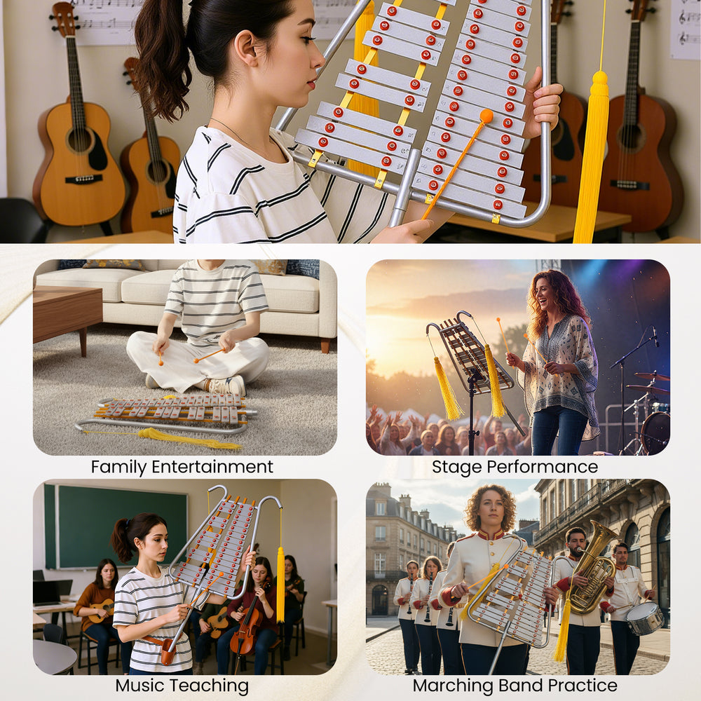 Marching Glockenspiel with 29 aluminum keys, adjustable length, and vibrant sound, ideal for performances and music.