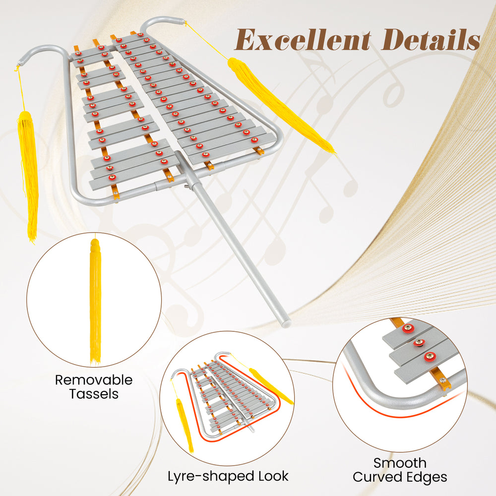 Marching Glockenspiel with 29 aluminum keys, adjustable length, and removable tassels for vibrant outdoor performances.
