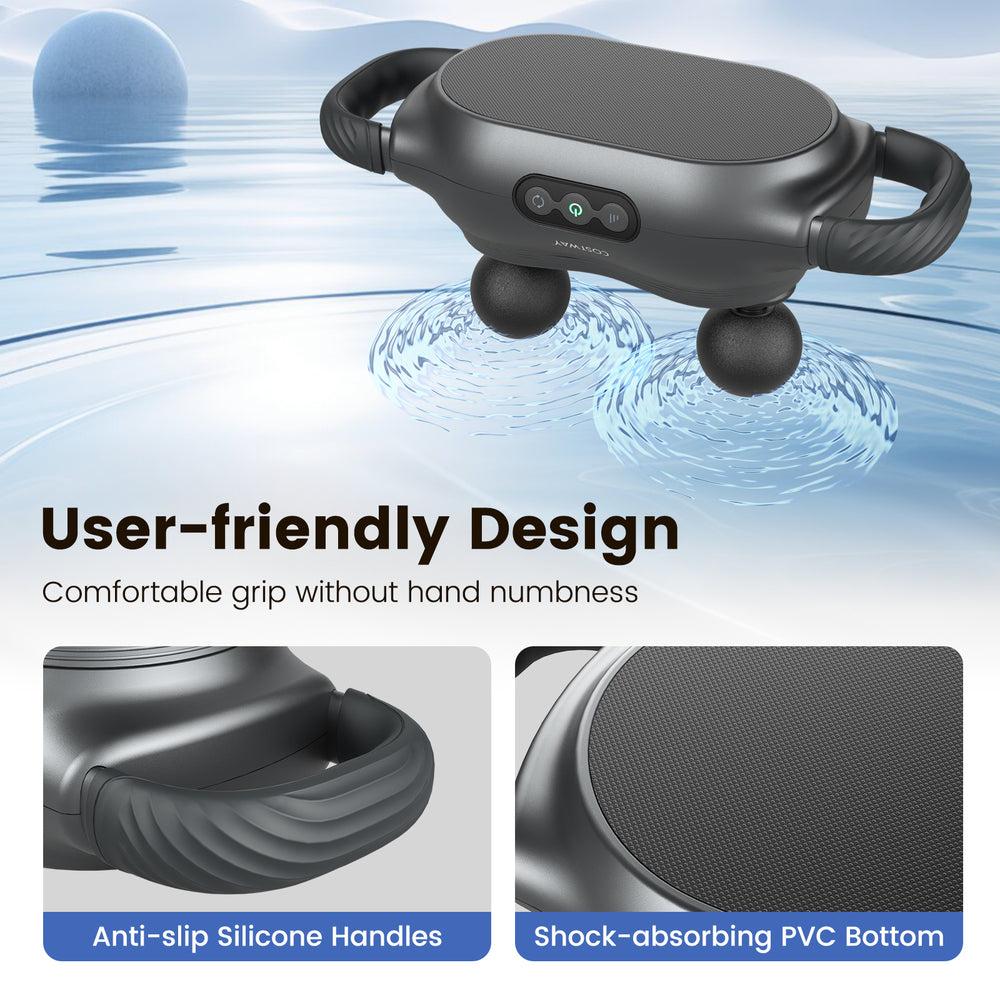 Deep tissue massage gun with anti-slip silicone handles, shock-absorbing PVC bottom, ideal for muscle pain relief.