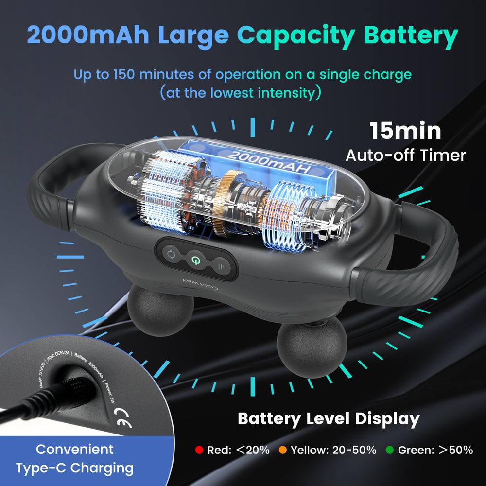 Deep tissue massage gun in black with 2000mAh battery, 3 heads, and 3 modes for effective muscle pain relief.