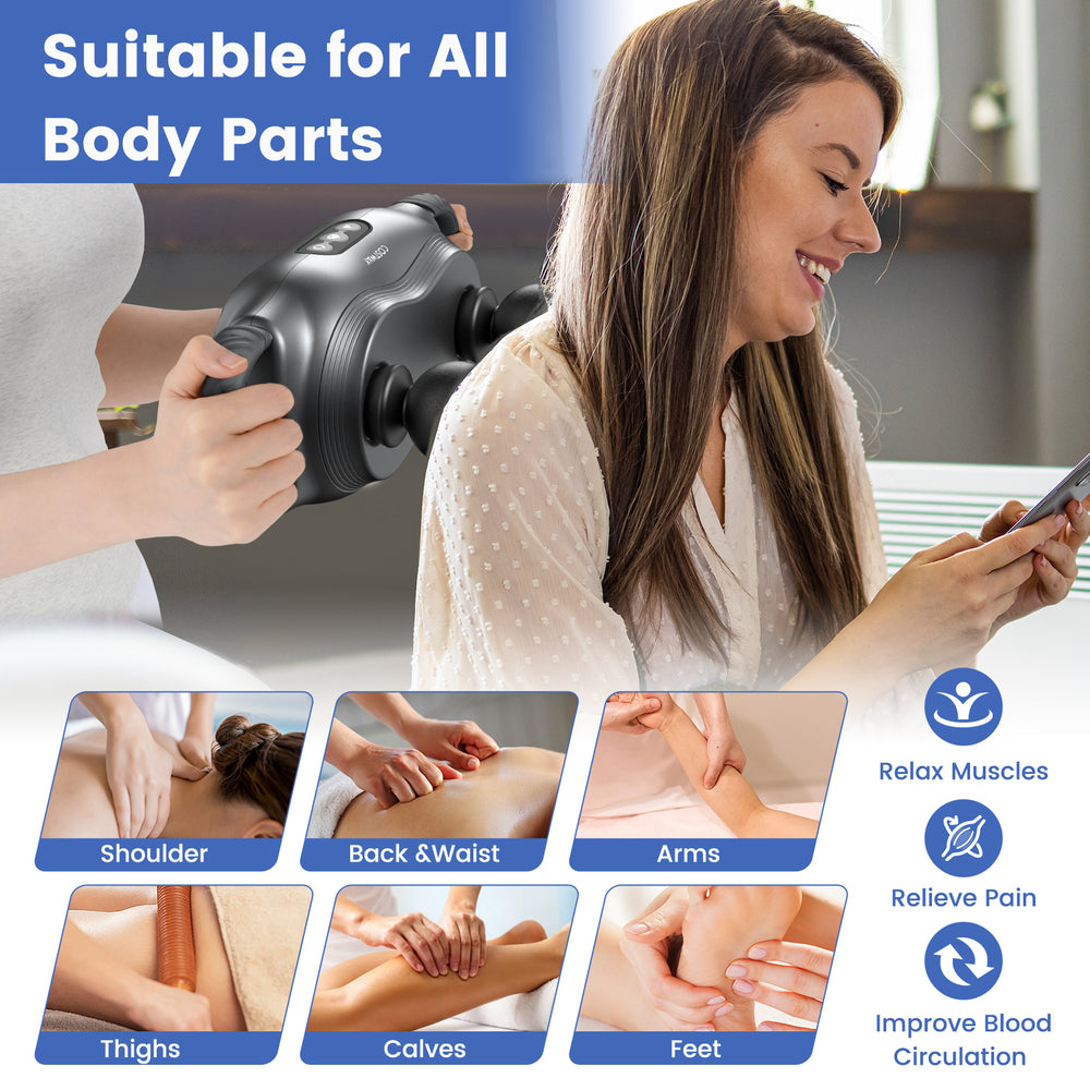 Deep tissue massage gun in black with interchangeable heads, ideal for muscle relief and rejuvenation for all body.