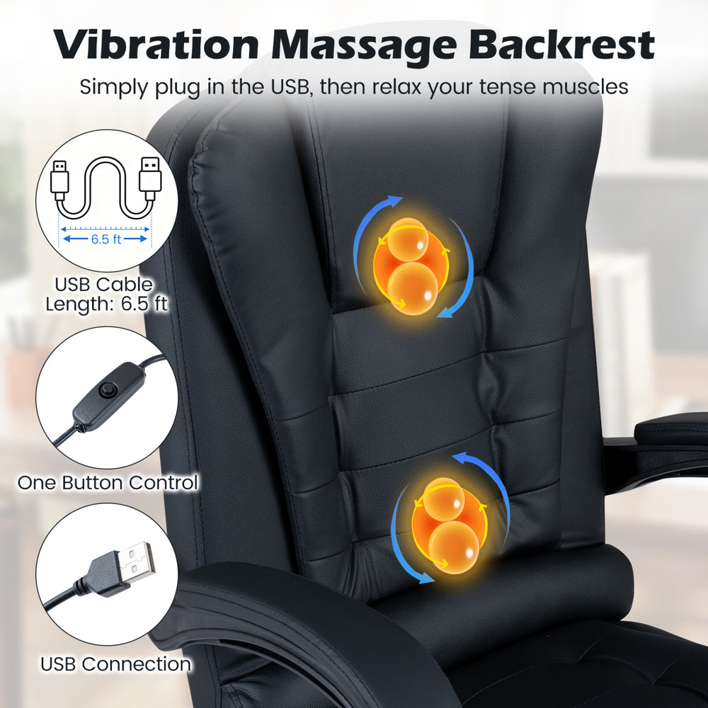 Vibration massage backrest with USB connection and one button control for ultimate relaxation in a black office chair.