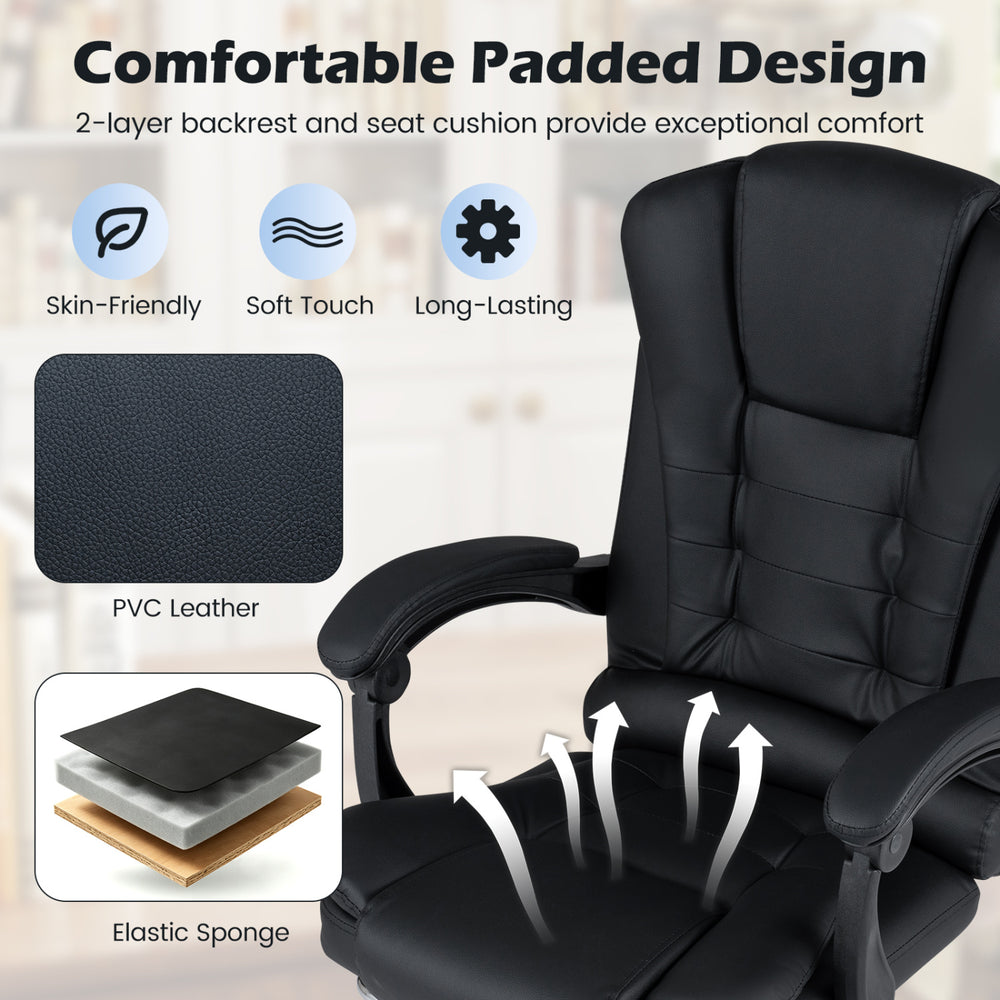 Massage office chair in black with reclining backrest, padded design, and USB-powered vibration massage for ultimate comfort.