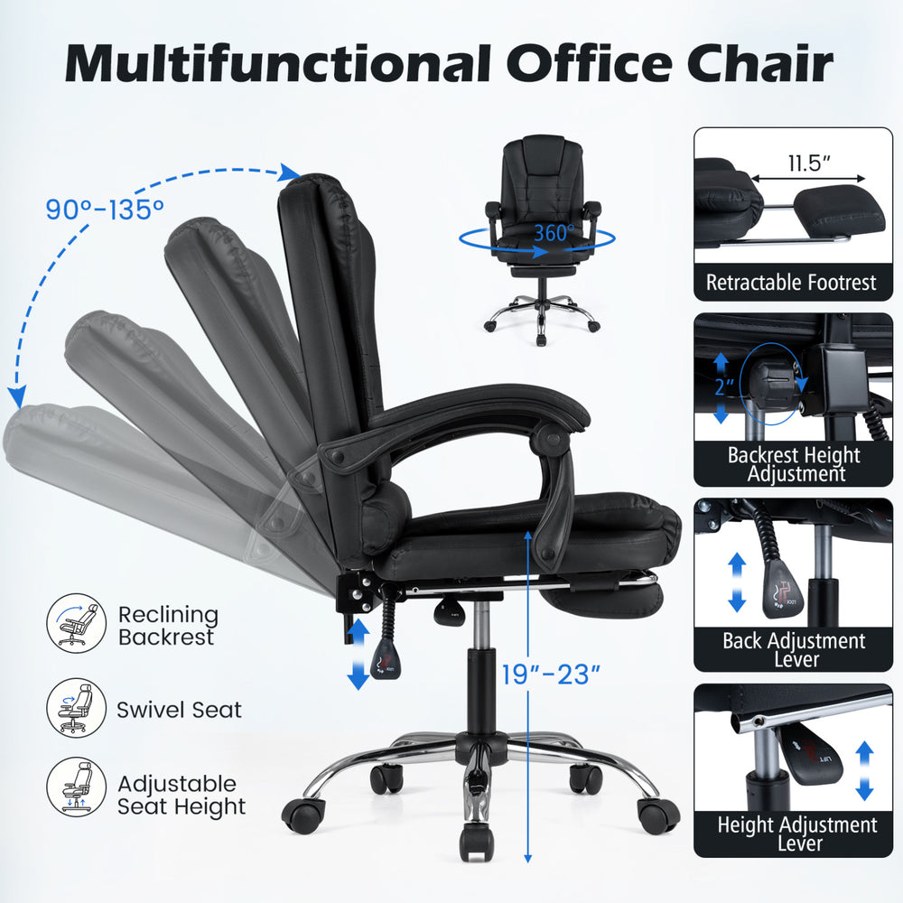 Massage office chair in black with reclining backrest, adjustable height, and retractable footrest for ultimate comfort.