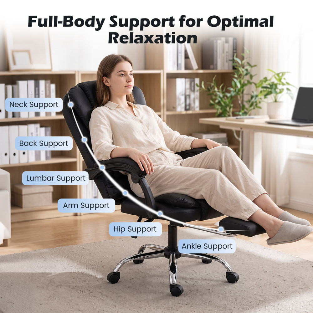 Massage office chair in black with reclining backrest, footrest, and adjustable armrests for optimal relaxation.