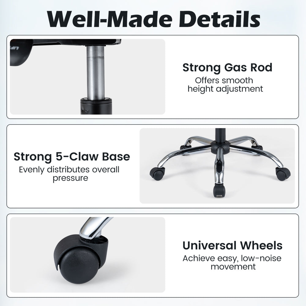 Close-up of the strong gas rod and 5-claw base of the black massage office chair for smooth height adjustment.