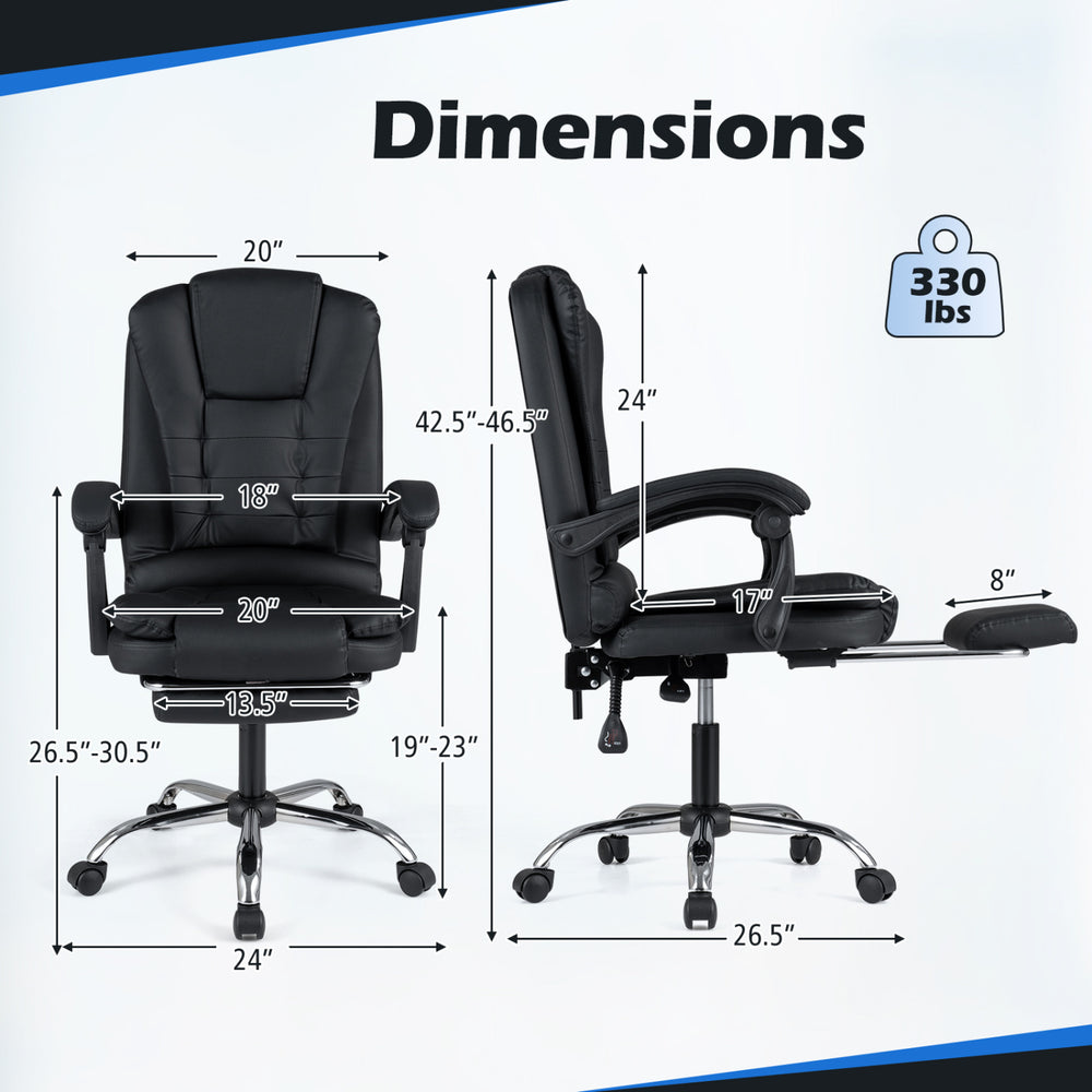 Massage office chair in black with reclining backrest, footrest, and adjustable height for ultimate comfort and support.