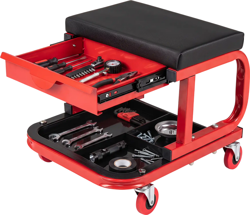 Mechanic rolling stool in red with magnetic drawer, tool trays, and PU leather upholstery for garage or workshop use.
