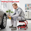 Mechanic rolling stool in red with tool trays and magnetic drawer, designed for comfort and mobility in garages and workshops.