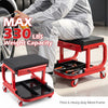 Mechanic rolling stool in red with tool trays, magnetic drawer, and 330 lbs weight capacity for garage use.