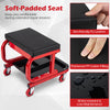Mechanic rolling stool in red with soft-padded PU leather seat, tool trays, and magnetic drawer for garage use.