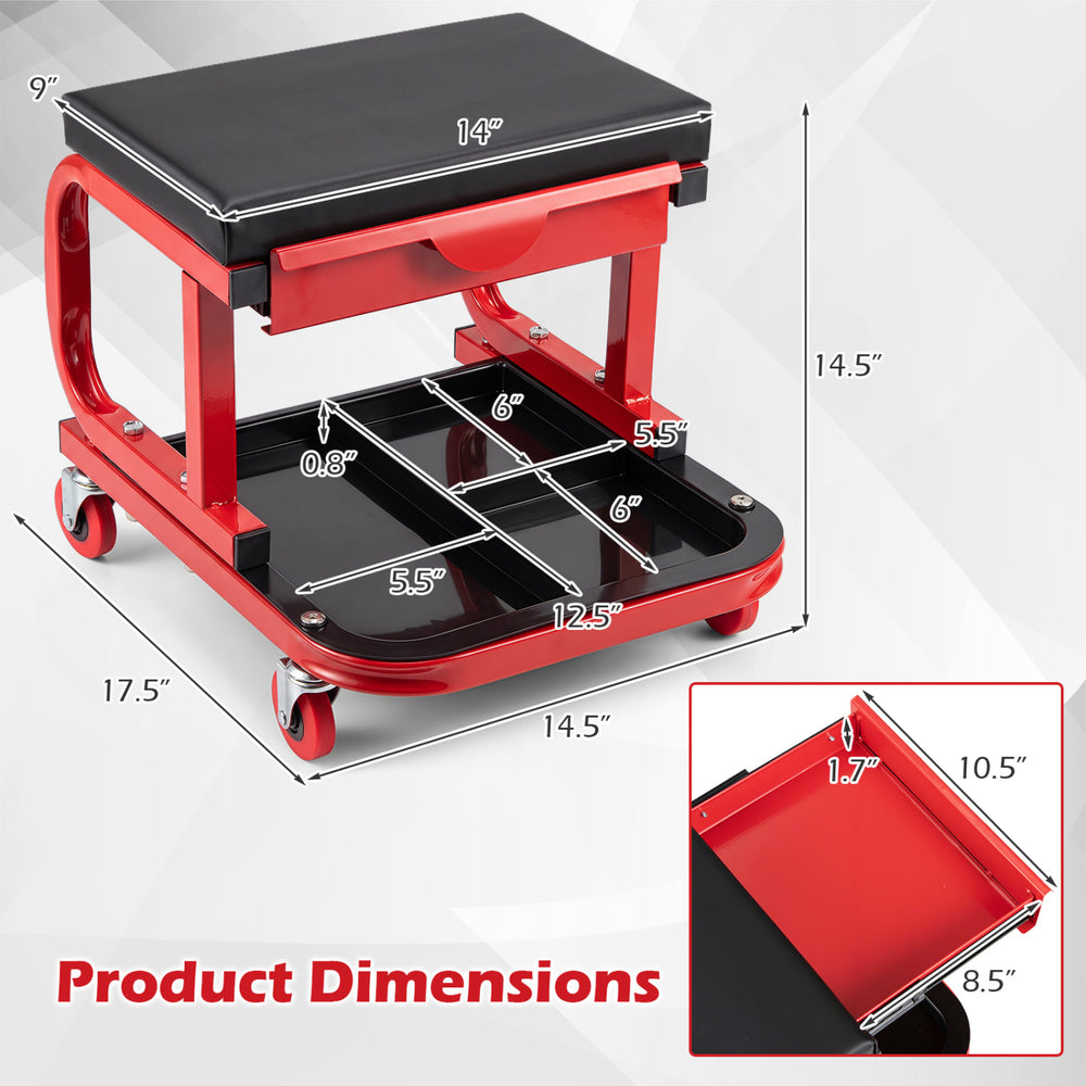 Mechanic rolling stool in red with tool trays, magnetic drawer, and 330 lbs capacity, ideal for garage use.