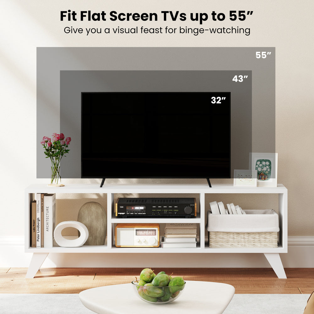 Media TV console table in white showcasing TV sizes up to 55", featuring open compartments and raised support legs.